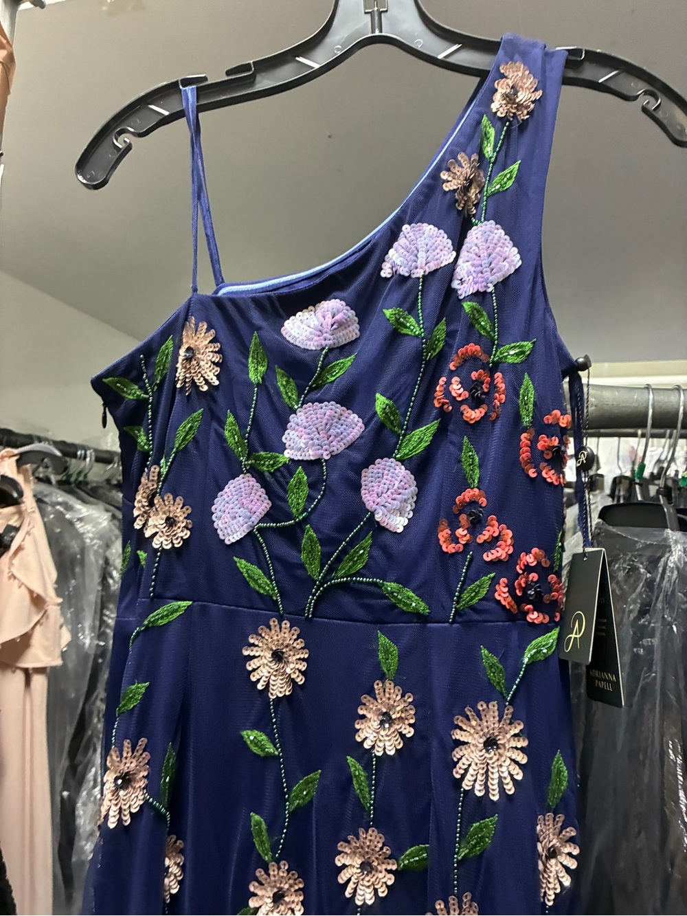 Adrianna Papell Navy Floral Sequin One Shoulder Gown Size 6 NWT GALA MOB Formal - Picture 12 of 15
